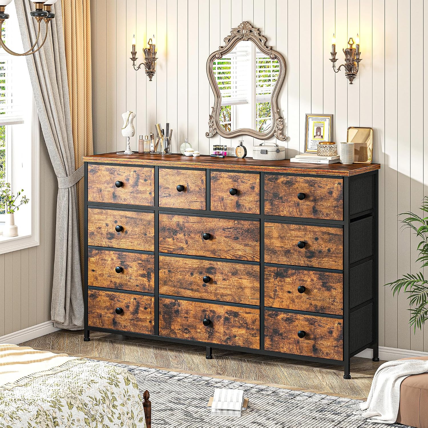 EnHomee Dresser for Bedroom with 13 Fabric Dresser, TV Stand for 40,50,55 inch Tv, Dressers & Chest of Drawers for Living Room, Hallway, Entryway, Apartment Metal Frame, Rustic Brown