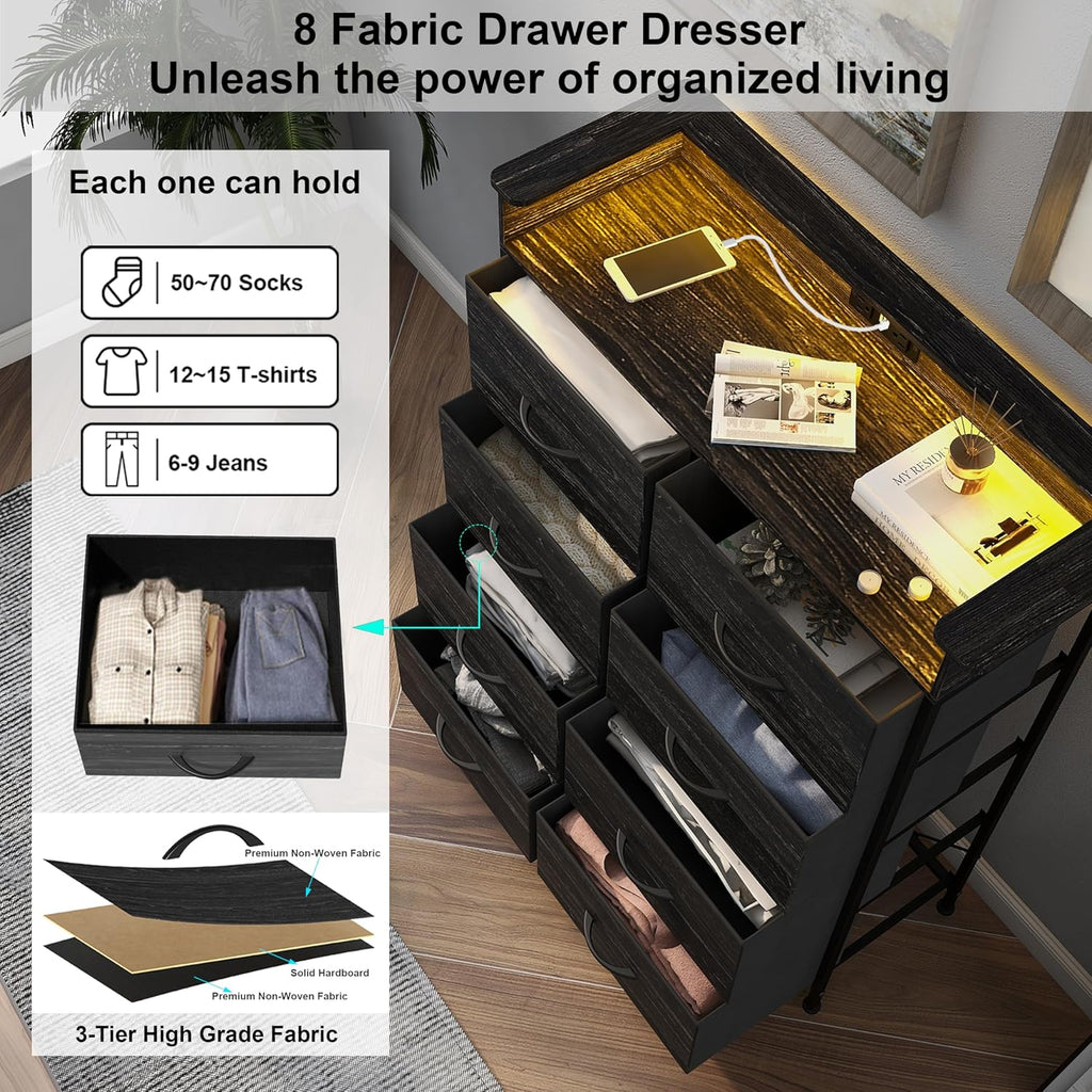 Fabric Dresser for Bedroom with LED Light and Charing Station Tall Dressers with 8 Drawers Black Dresser & Chest of Drawer for Closet Living Room Hallway Sturdy Steel Frame Wood Top