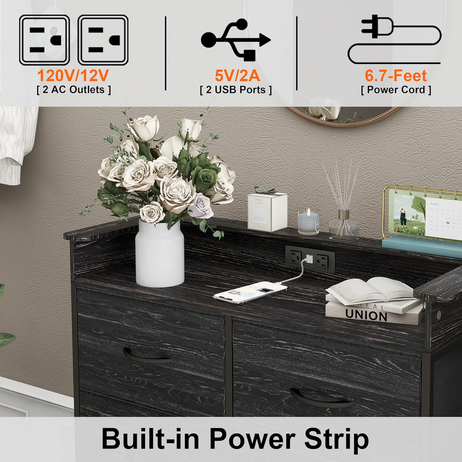 Fabric Dresser for Bedroom with LED Light and Charing Station Tall Dressers with 8 Drawers Black Dresser & Chest of Drawer for Closet Living Room Hallway Sturdy Steel Frame Wood Top