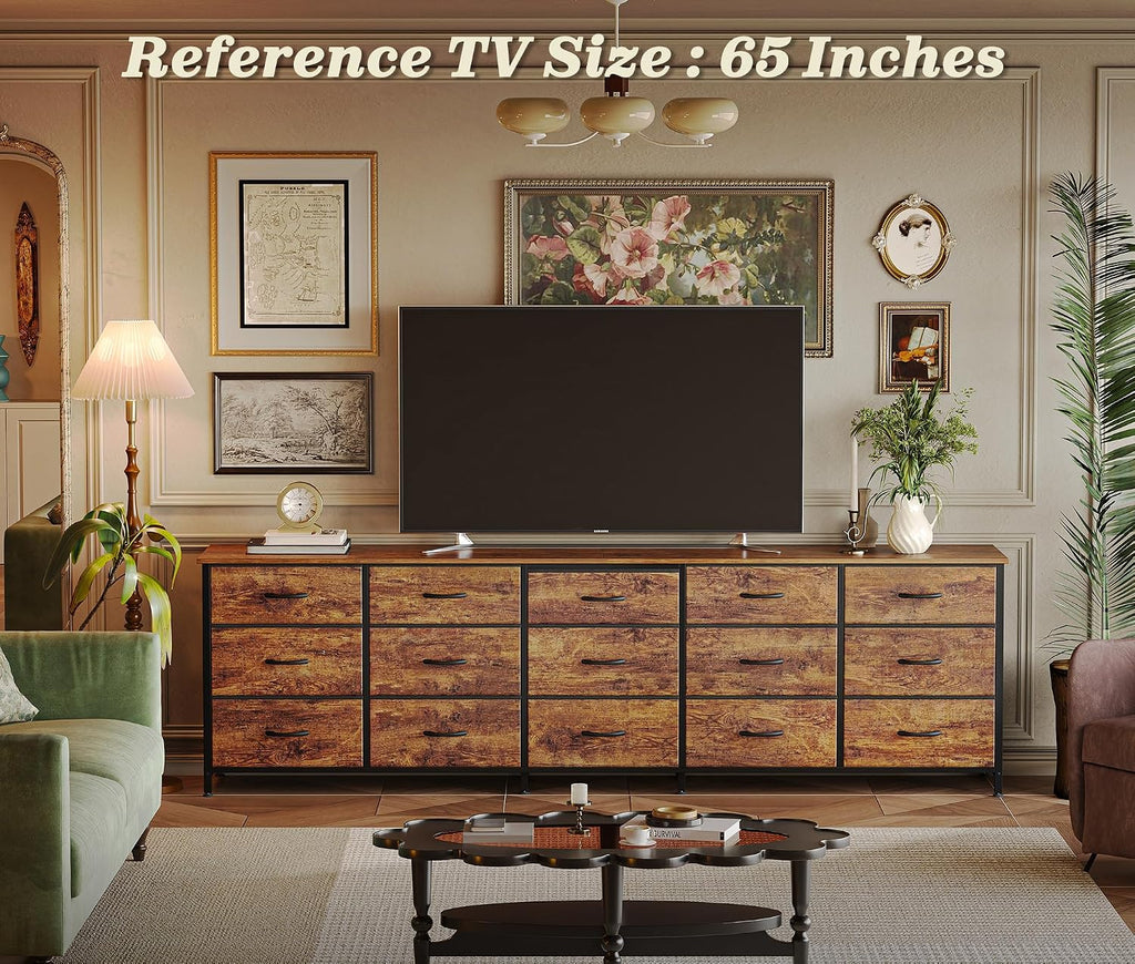 Huuger 78.7 inch Long Dresser for Bedroom, 15 Drawer Fabric Dresser for Closet, Large TV Stand for 65, 75, 85 inch TV, Wide Chest of Drawer with Storage, 78.7' W x 12.9' D x 26.7' H, Rustic Brown