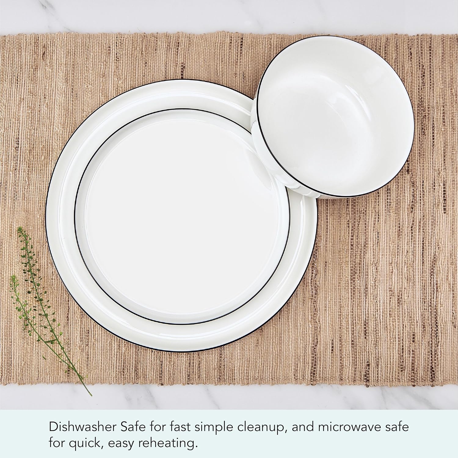 Mikasa Samantha 12 Piece Bone China Dinnerware Plate and Bowl Set, Service for 4, Black Banded Rim, Chip-Resistant, Lightweight, Durable, White