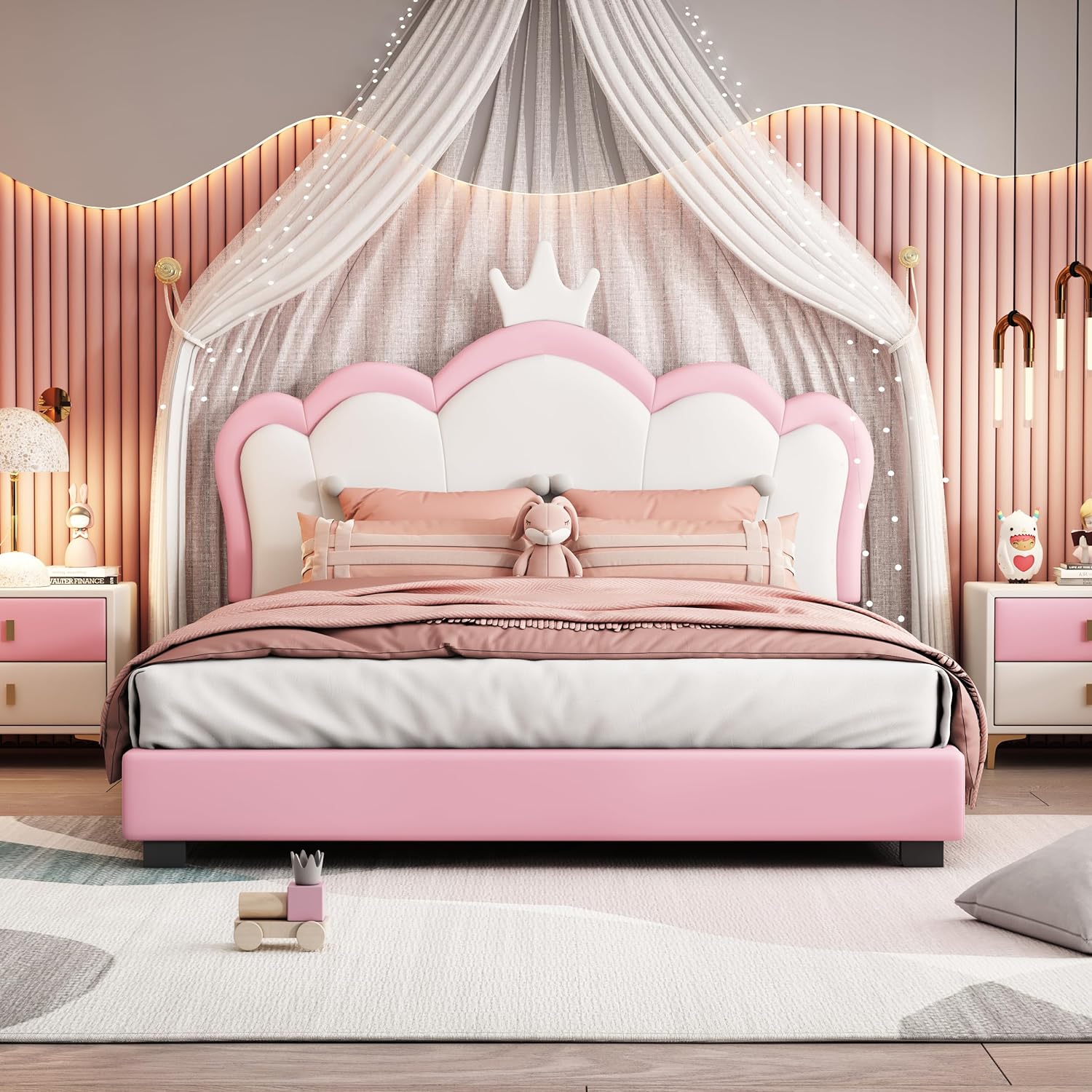 Full Size Upholstered Rabbit-Shape Princess Bed,with Headboard and Footboard Frames Platform Bed for Girls Boy Teen Full Bed Frames for Kids Bedroom Atmosphere Easy to Assemble (Pink, Full)