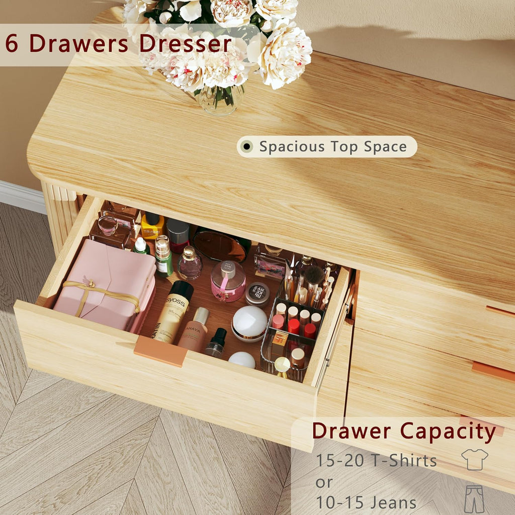 6 Drawer Dresser for Bedroom, Mid Century Modern Dresser with Curved Profile & Fluted Design, Wide Wood Chests of Drawers Storage for Bedroom, Entryway, Hallway, Oak