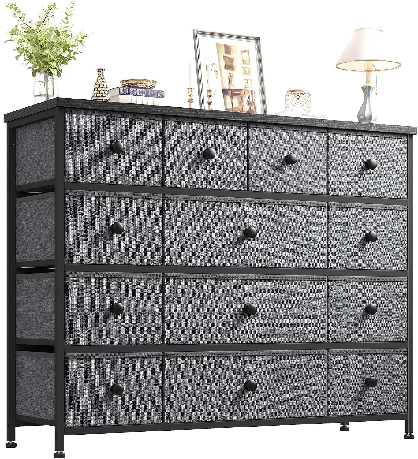 EnHomee Dresser for Bedroom with 13 Fabric Drawers TV Stand for 45 Inch TV Chests of Drawers for Living Room, Wood Top and Sturdy Frame, Grey