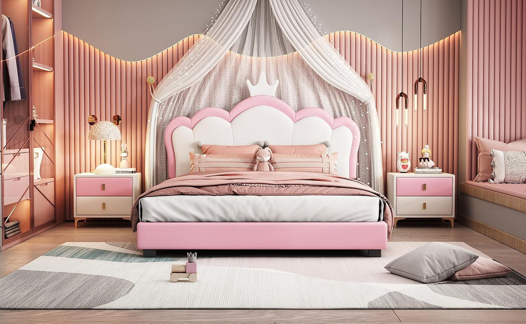 Full Size Upholstered Rabbit-Shape Princess Bed,with Headboard and Footboard Frames Platform Bed for Girls Boy Teen Full Bed Frames for Kids Bedroom Atmosphere Easy to Assemble (Pink, Full)