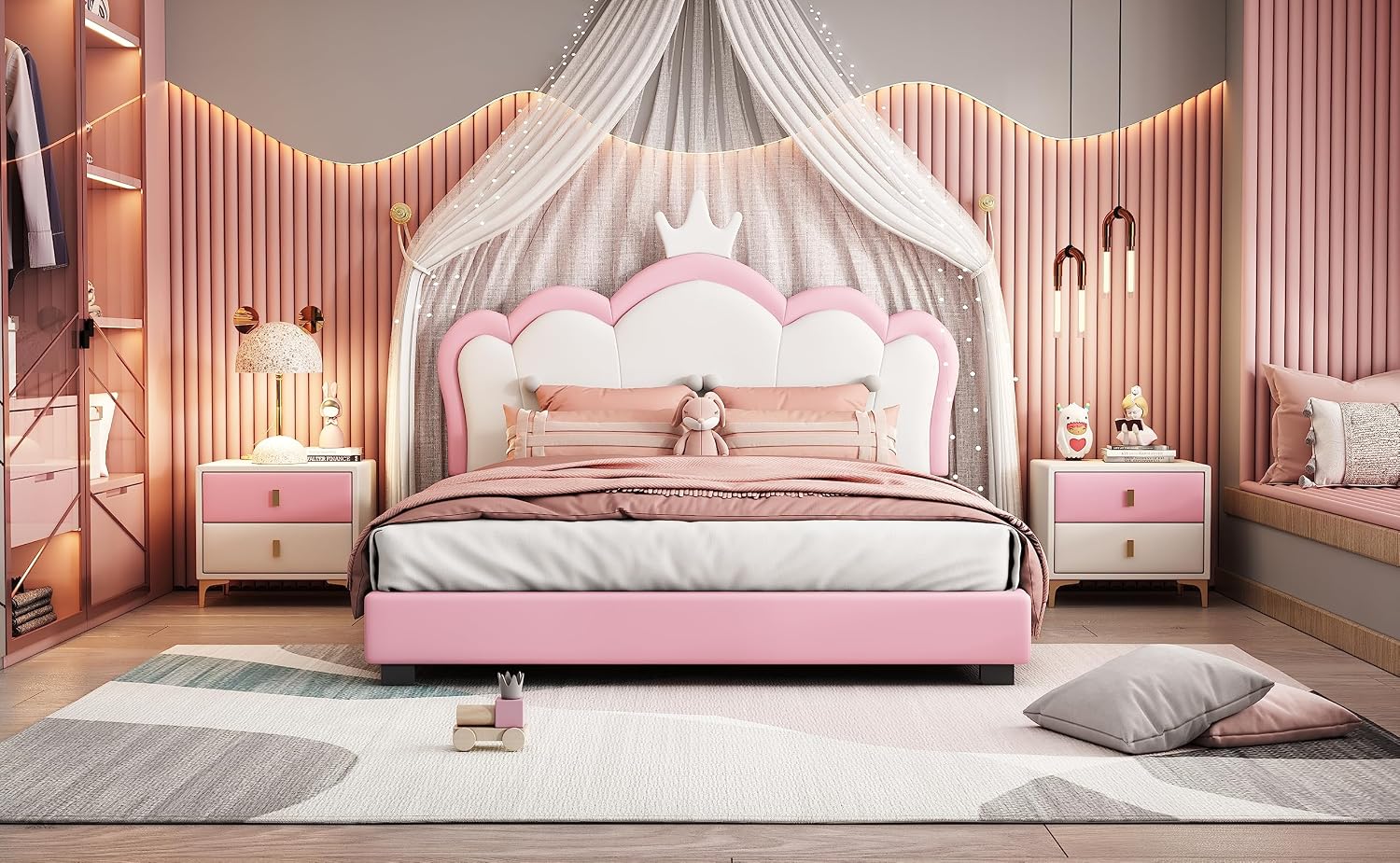 Full Size Upholstered Rabbit-Shape Princess Bed,with Headboard and Footboard Frames Platform Bed for Girls Boy Teen Full Bed Frames for Kids Bedroom Atmosphere Easy to Assemble (Pink, Full)