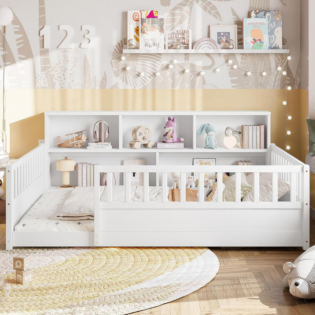 JIJIWANG Full Size Floor Bed for Kids, Wooden Montessori Bed Frame with Bookcase, Storage Shelves & Safety Fence Rails, Floor Beds Full for Girls, Boys, No Box Spring Needed, Without Slats, White