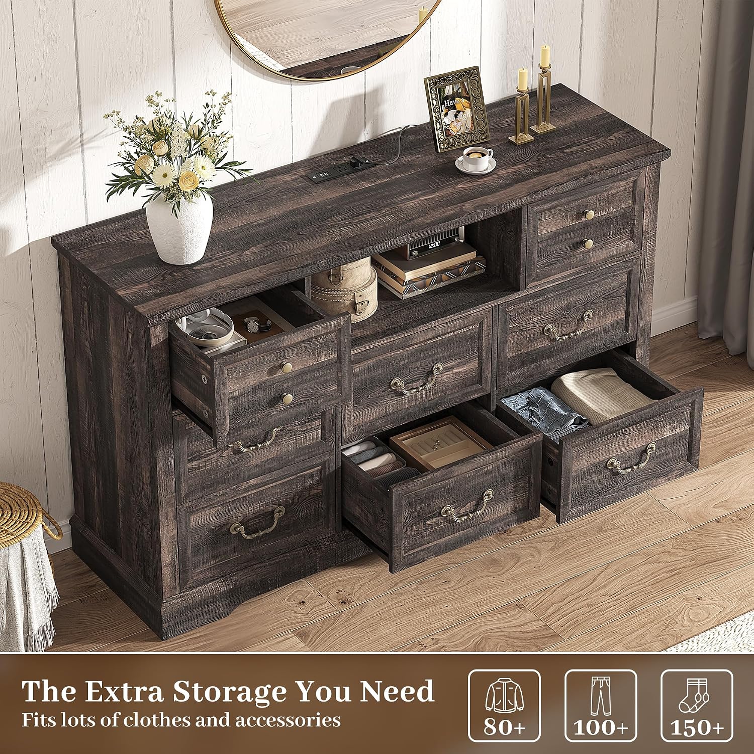 EnHomee 8 Drawers Dresser with Power Outlets and LED Lights,55' W Rustic Wooden Dressers & Chests of Drawers for Bedroom, Hallway, Rustic Oak, 55' W x 34.5' H x 15.7' D