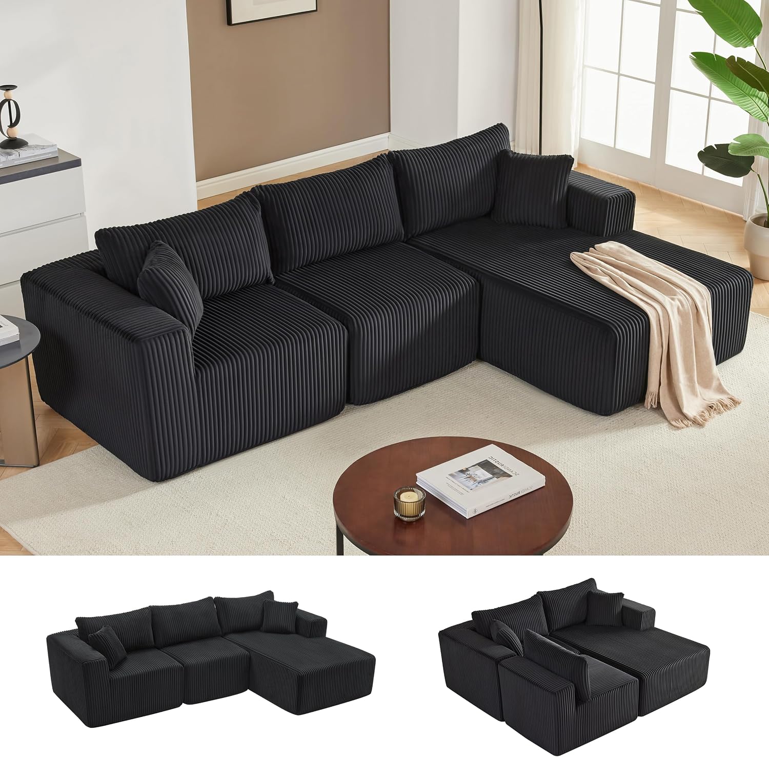 97' Boneless Couches for Living Room, Cloud Couch Sectional with Deep Seat, Comfy Couch with L-Shaped Chaise, Minimalist Upholstered Modular Sectional Sofa, No Assembly (Corduroy,Black)