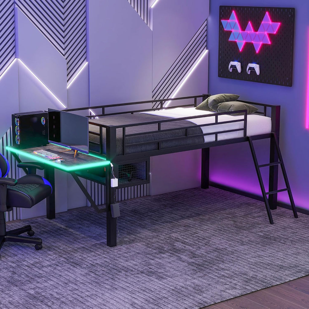 Twin Size Mid Metal Loft Gaming Bed with Desk and LED Lights, Modern Steel Loft Bed Frame with Inclined Ladder and Safety Guardrail for Kids Teens Girls Boys, No Box Spring Needed (Black-08, Twin)