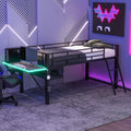 Twin Size Mid Metal Loft Gaming Bed with Desk and LED Lights, Modern Steel Loft Bed Frame with Inclined Ladder and Safety Guardrail for Kids Teens Girls Boys, No Box Spring Needed (Black-08, Twin)