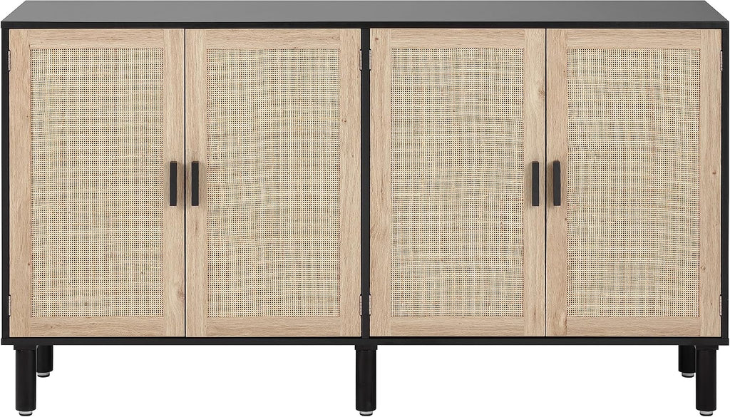 Finnhomy 4 Door Sideboard Buffet Cabinet, Kitchen Storage Cabinet with Rattan Decorated Doors, Cupboard Console Table, Boho Accent Liquor Cabinet, Bar Cabient, 62.3X 15.7X 34.6 Inches, Black