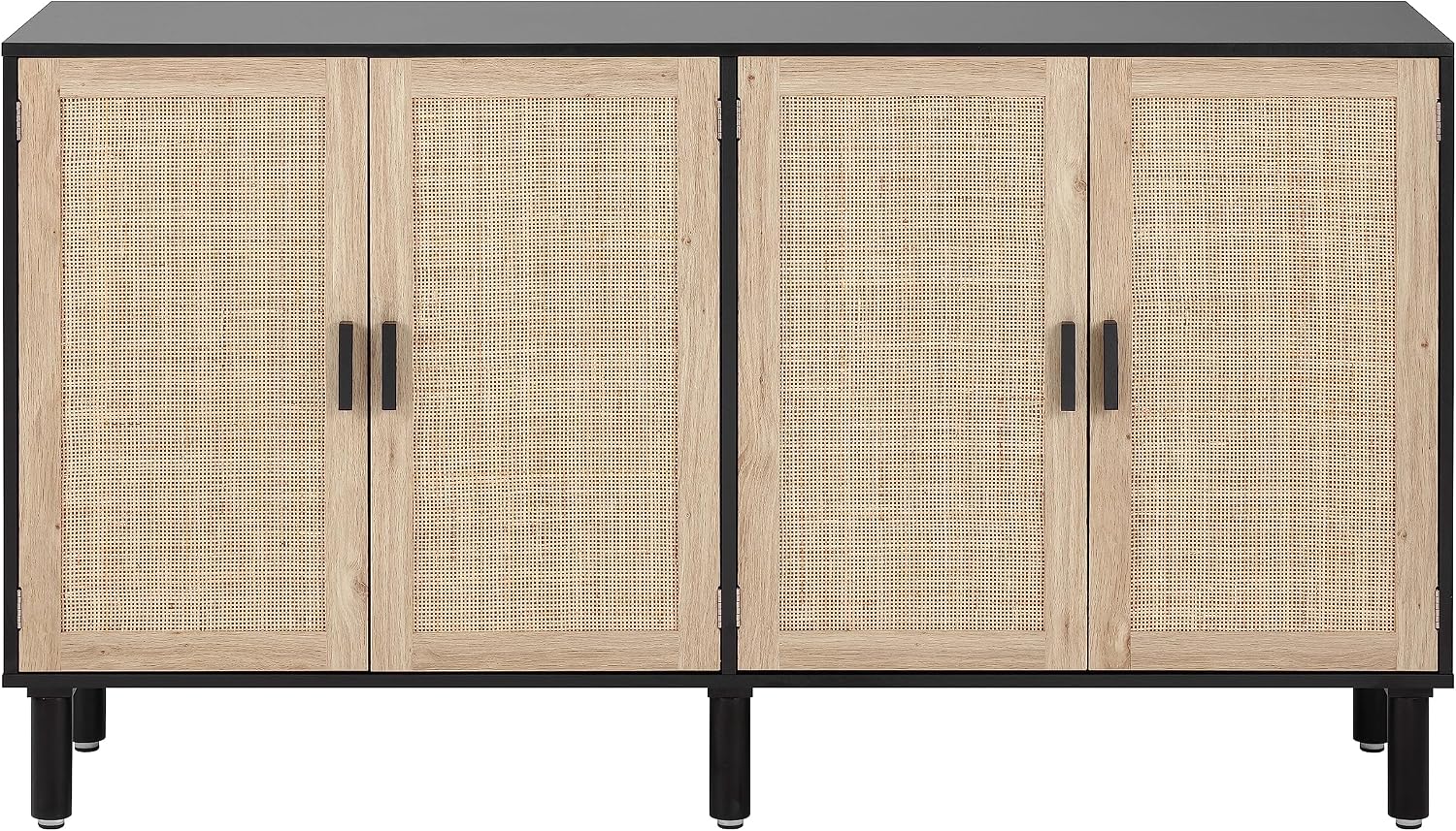 Finnhomy 4 Door Sideboard Buffet Cabinet, Kitchen Storage Cabinet with Rattan Decorated Doors, Cupboard Console Table, Boho Accent Liquor Cabinet, Bar Cabient, 62.3X 15.7X 34.6 Inches, Black