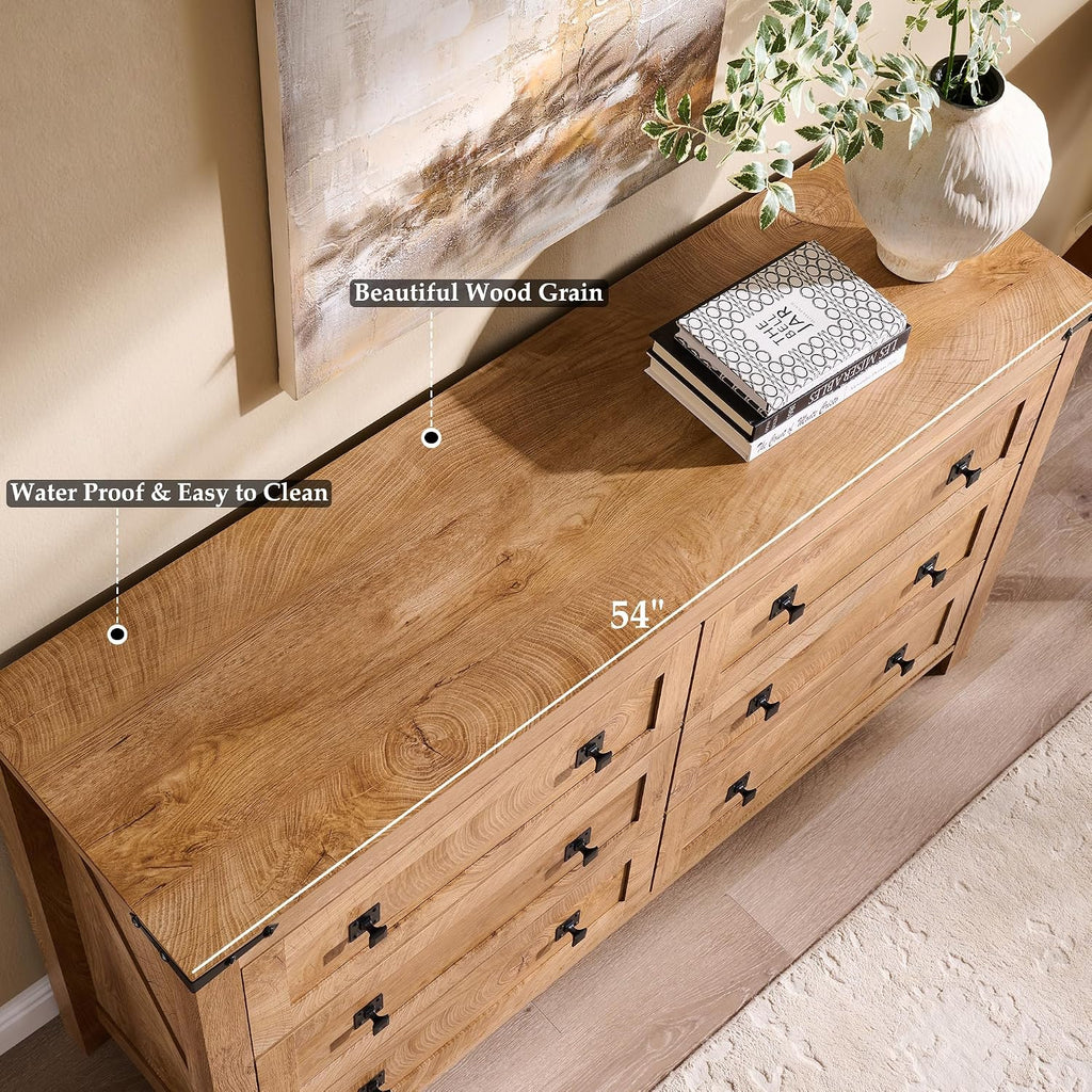 T4TREAM Farmhouse 6 Drawers Dresser for Bedroom, Wide 6 Chest of Drawers, Wood Rustic Double Dresser Organizer for Bedroom, Living Room, Hallway, Kids Room, Nursery Room, Light Knotty Oak