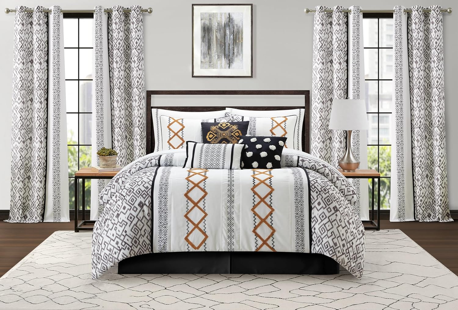 Grand Avenue Black Gold Comforter Set Queen Size, 15 Piece Terry Embroidery All Season Room-in-A-Bag, Matching Curtains, Sheet Set, Pillows & Shams