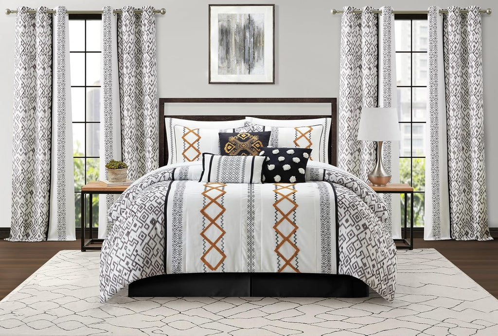 Grand Avenue Black Gold Comforter Set California King Size, 15 Piece Terry Embroidery All Season Room-in-A-Bag, Matching Curtains, Sheet Set, Pillows & Shams