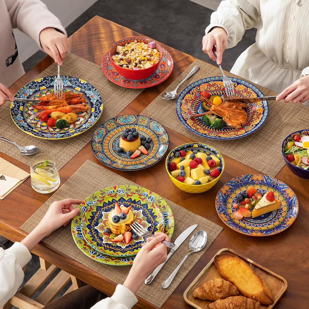 vancasso 18 Pieces Plates and Bowls Set, Bohemian Style Dinnerware Sets Service for 6, Porcelain Boho Dishes Set for Kitchen, Housewaring Gift, Dishwasher and Microwave Safe, Series KRVI