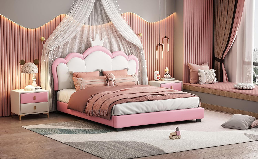 Full Size Upholstered Rabbit-Shape Princess Bed,with Headboard and Footboard Frames Platform Bed for Girls Boy Teen Full Bed Frames for Kids Bedroom Atmosphere Easy to Assemble (Pink, Full)