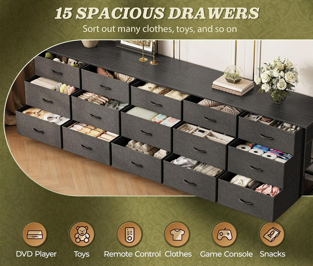 Huuger 78.7 inch Long Dresser for Bedroom, 15 Drawer Fabric Dresser for Closet, Large TV Stand for 65, 75, 85 inch TV, Wide Chest of Drawer with Storage, 78.7' W x 12.9' D x 26.7' H, Black