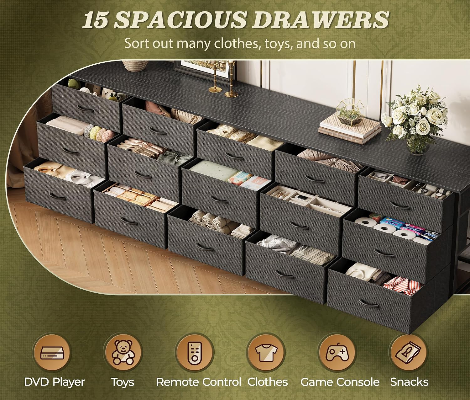 Huuger 78.7 inch Long Dresser for Bedroom, 15 Drawer Fabric Dresser for Closet, Large TV Stand for 65, 75, 85 inch TV, Wide Chest of Drawer with Storage, 78.7' W x 12.9' D x 26.7' H, Black