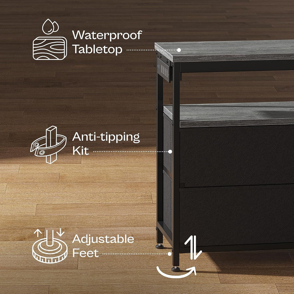 Huuger LED TV Stand for Bedroom, 55 Inch Fabric Dresser with Power Outlets, Entertainment Center for 60, 55, 50 Inch TV, 6 Drawer Dresser for Bedroom, Chest of Drawers with Shlef, PU Leather, Grey