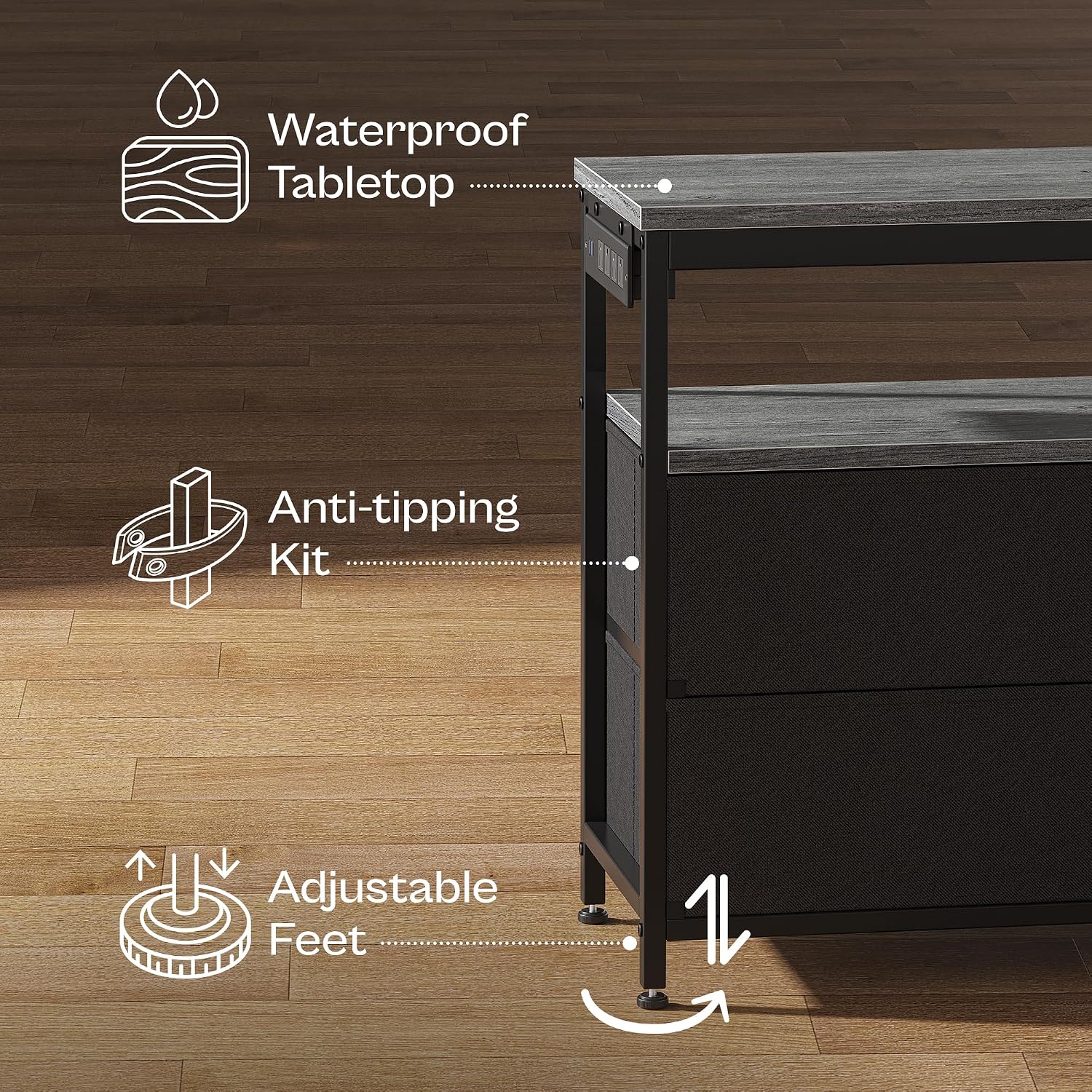 Huuger LED TV Stand for Bedroom, 55 Inch Fabric Dresser with Power Outlets, Entertainment Center for 60, 55, 50 Inch TV, 6 Drawer Dresser for Bedroom, Chest of Drawers with Shlef, PU Leather, Grey