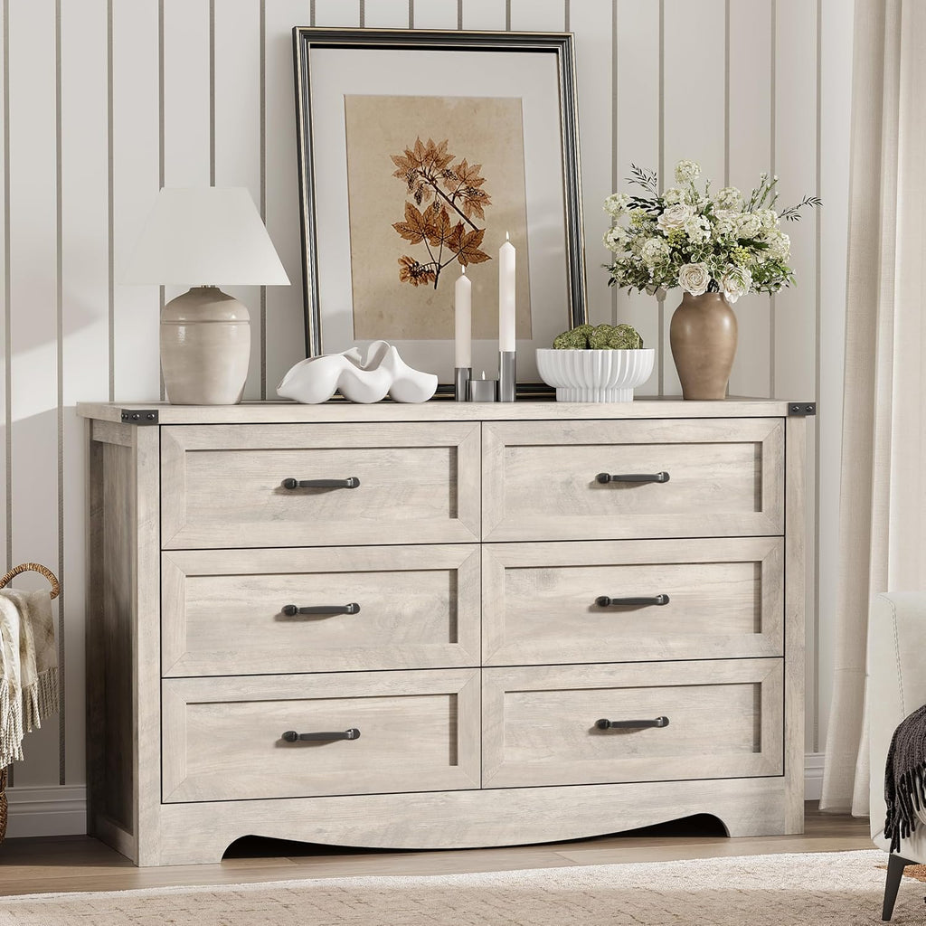 Dresser for Bedroom with 6 Drawers, 48' Wide Wood Chest of Drawers with Deep Drawers & Mental Handle, Modern Dresser TV Stand, Wooden Closet Storage Organizer for Living Room, Hallway, Entryway, Grey