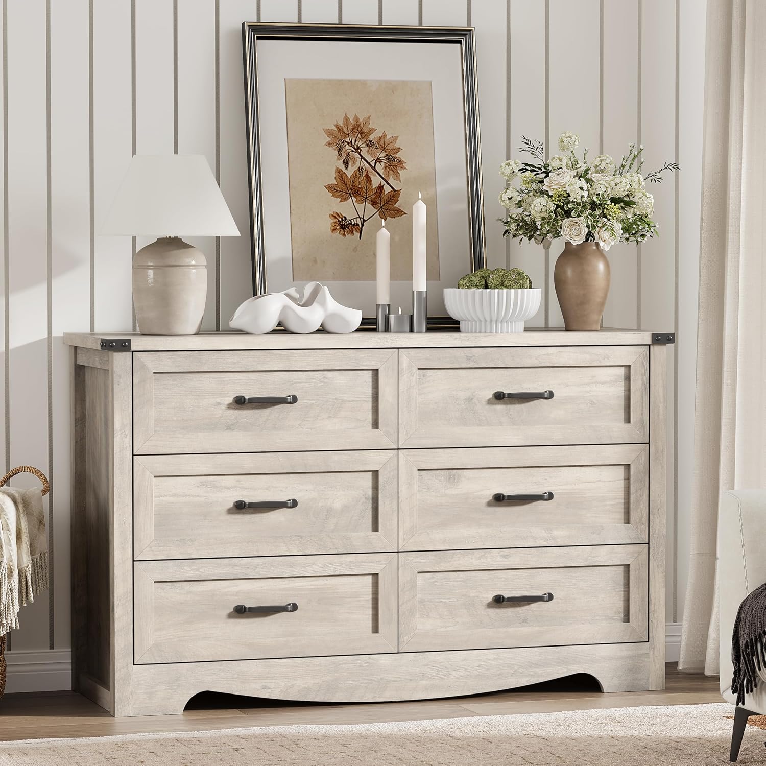 Dresser for Bedroom with 6 Drawers, 48' Wide Wood Chest of Drawers with Deep Drawers & Mental Handle, Modern Dresser TV Stand, Wooden Closet Storage Organizer for Living Room, Hallway, Entryway, Grey