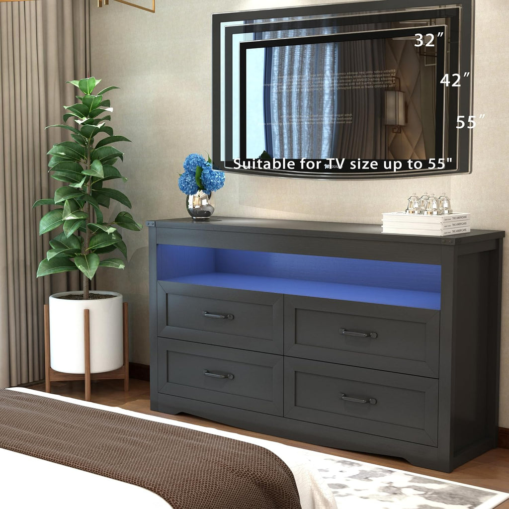 Wodeer Black Dresser for Bedroom, Wood 4 Drawer Dresser with LED Light, Dressers & Chests of Drawers with Metal Handles, Storage and Organization for Bedroom, Hallway, Entryway