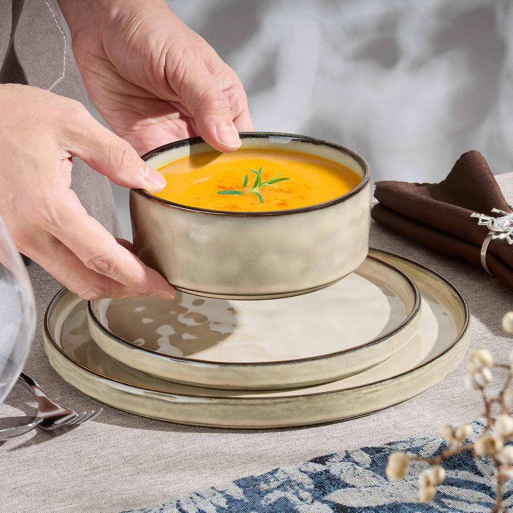 Herogo Plates and Bowls Dinnerware Sets for 8, 24 Pieces Stoneware Dishes Sets, Dishware for Dinner, Salad, Dessert, Dishwasher & Microwave Safe, Cream Khaki