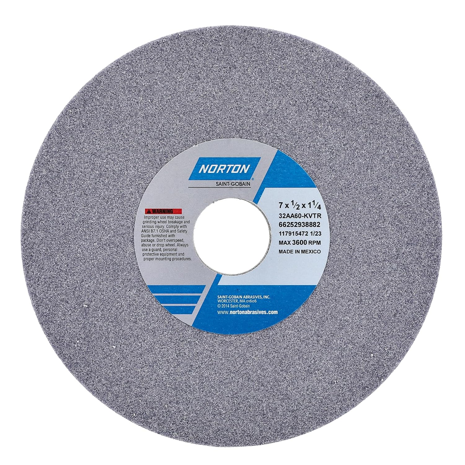Norton 7' Dia. 1/2' Thick 1-1/4' Hole Size 60 Grit 32AA Aluminum Oxide K Hardness Type 1 Toolroom Surface Grinding Wheel
