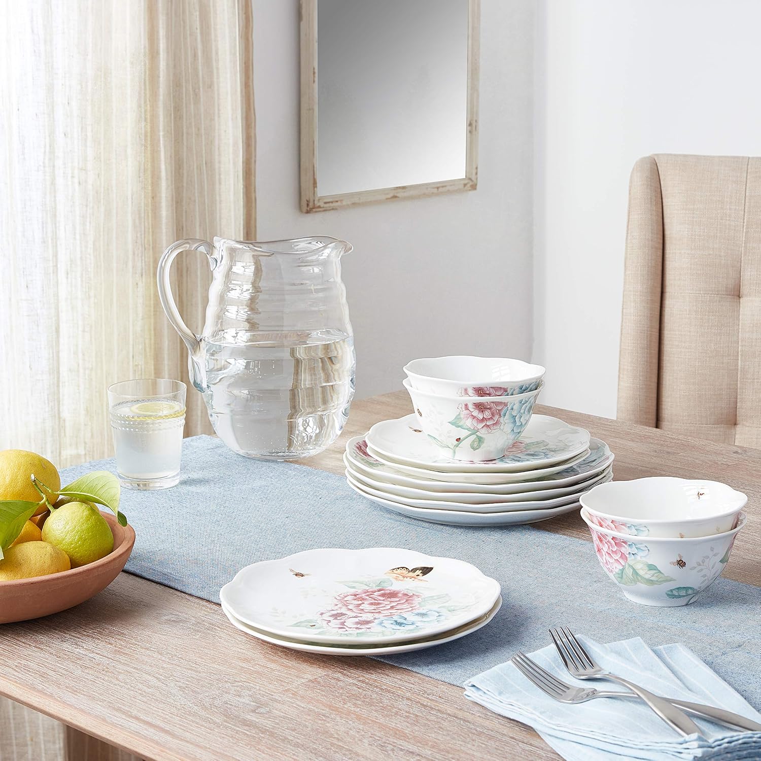 Lenox Dinnerware Set, Butterfly Meadow Hydrangea 12-Piece Set, Service For 4, Made From Ceramic Porcelain, Dishwasher And Microwave Safe, Plates And Bowls Sets, Home & Kitchen (Assorted, 12 Piece)