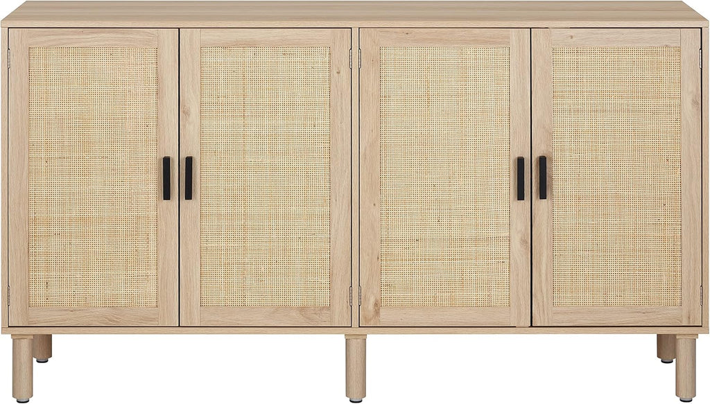 Finnhomy 4 Door Sideboard Buffet Cabinet, Kitchen Storage Cabinet with Rattan Decorated Doors, Cupboard Console Table, Boho Accent Liquor Cabinet for Home Bar, 62.3X 15.7X 34.6 Inches, Natural