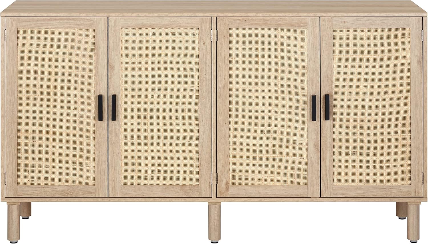 Finnhomy 4 Door Sideboard Buffet Cabinet, Kitchen Storage Cabinet with Rattan Decorated Doors, Cupboard Console Table, Boho Accent Liquor Cabinet for Home Bar, 62.3X 15.7X 34.6 Inches, Natural