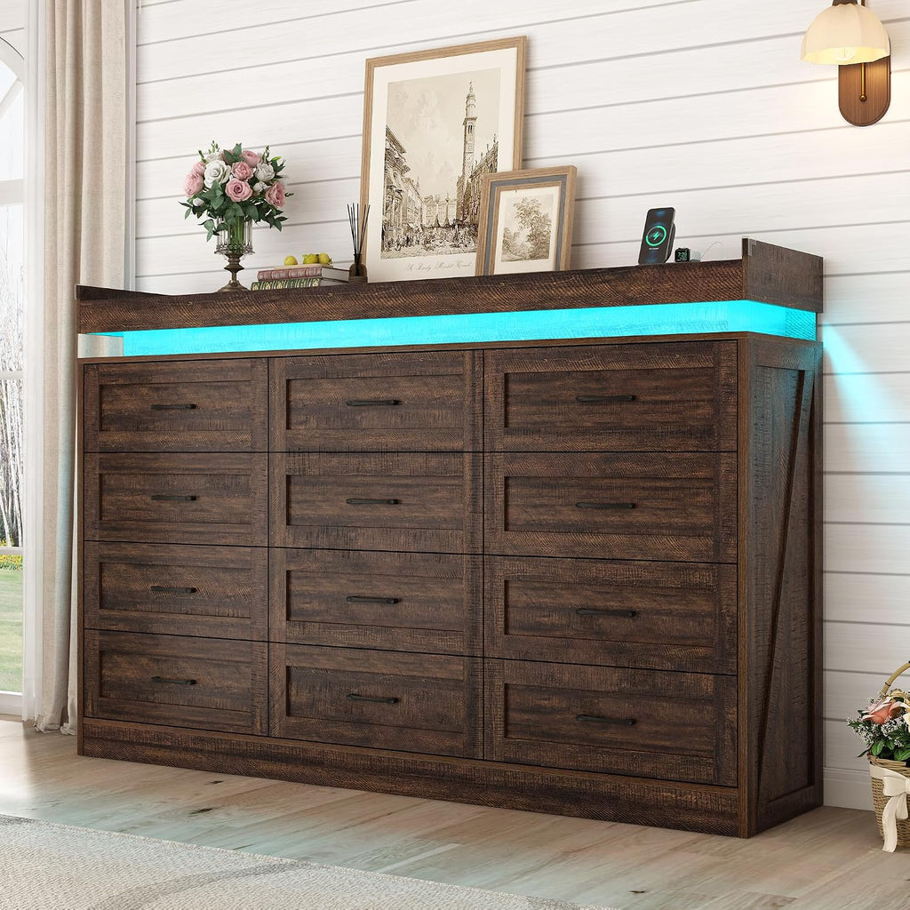 71' Wide 46' Tall Large Farmhouse 12 Drawers Dresser for Bedroom with LED Light and Power Outlets,Wood Rustic 12 Chests of Drawers for Closet,Tall Storage Dresser Organizer for Bedroom(Brown)