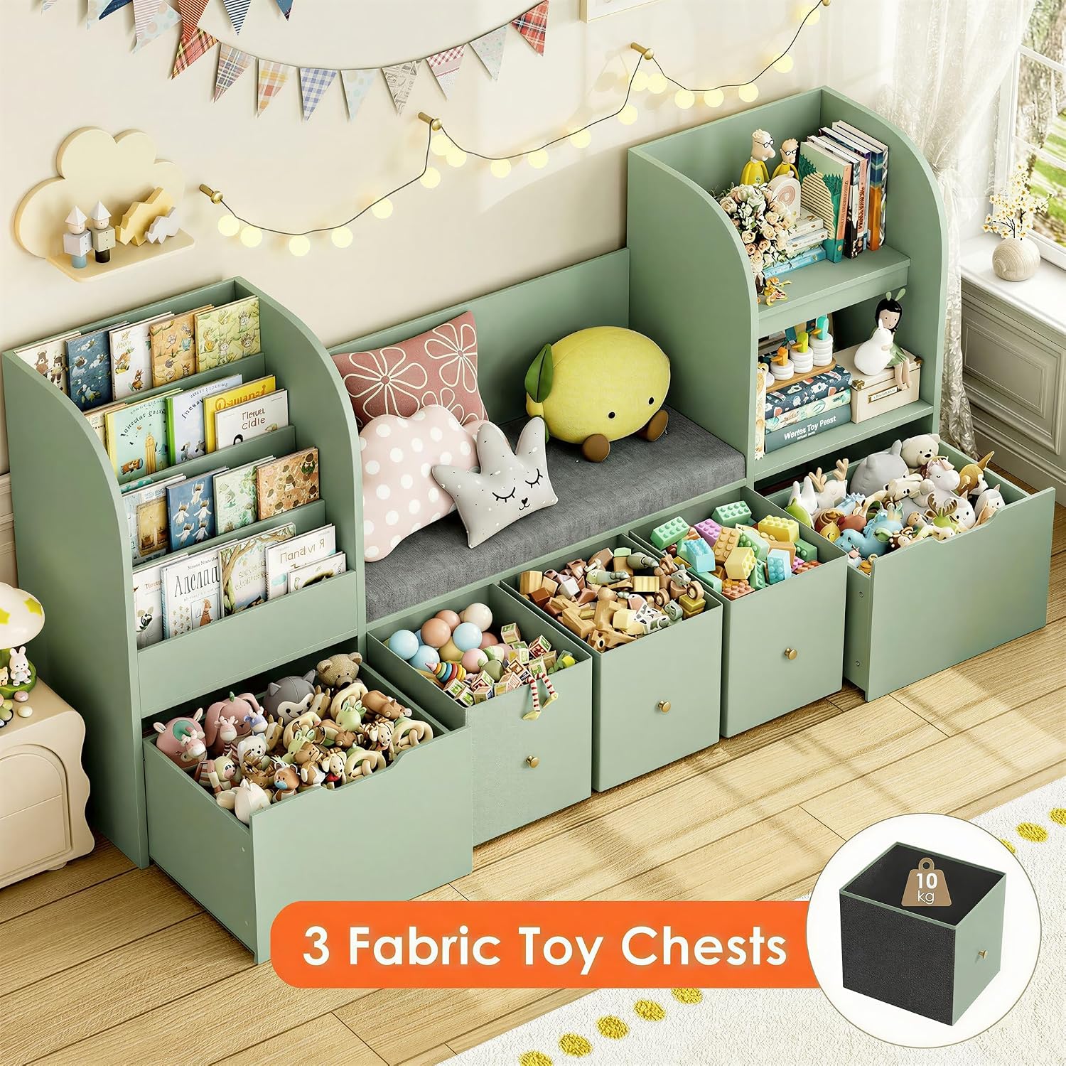 FOTOSOK 71' Kids Bookshelf with Reading Nook, Toy Storage Organizer with Seat Cushion and 2 Movable Drawers & 3 Fabric Toy Chests, Kids Reading Nook Toy Organizers and Storage with Bench for Playroom
