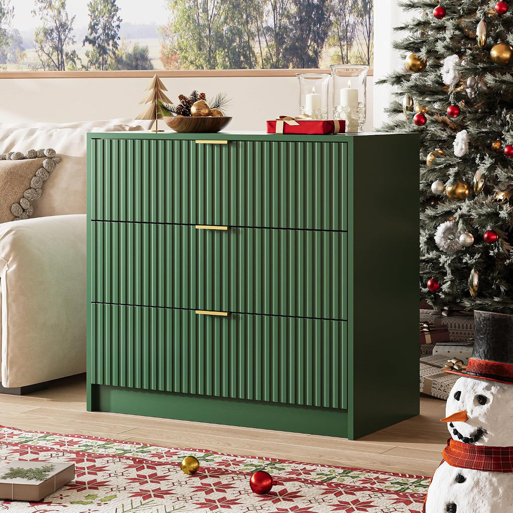 MAISONARIA Green Fluted Dresser for Bedroom, 32 Inch Wide Nightstand with Large Drawer, 3 Drawer End Table for Bedroom, Living Rooms, Offices, and Entryways