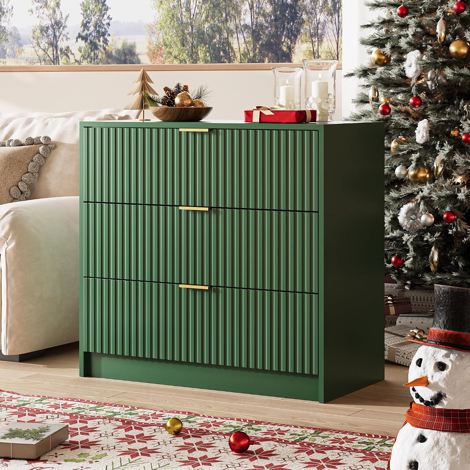 MAISONARIA Green Fluted Dresser for Bedroom, 32 Inch Wide Nightstand with Large Drawer, 3 Drawer End Table for Bedroom, Living Rooms, Offices, and Entryways