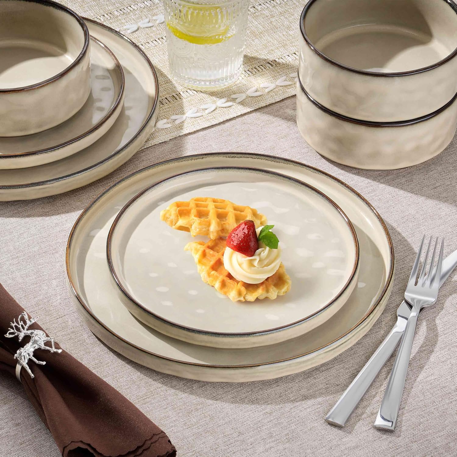Herogo Plates and Bowls Dinnerware Sets for 8, 24 Pieces Stoneware Dishes Sets, Dishware for Dinner, Salad, Dessert, Dishwasher & Microwave Safe, Cream Khaki