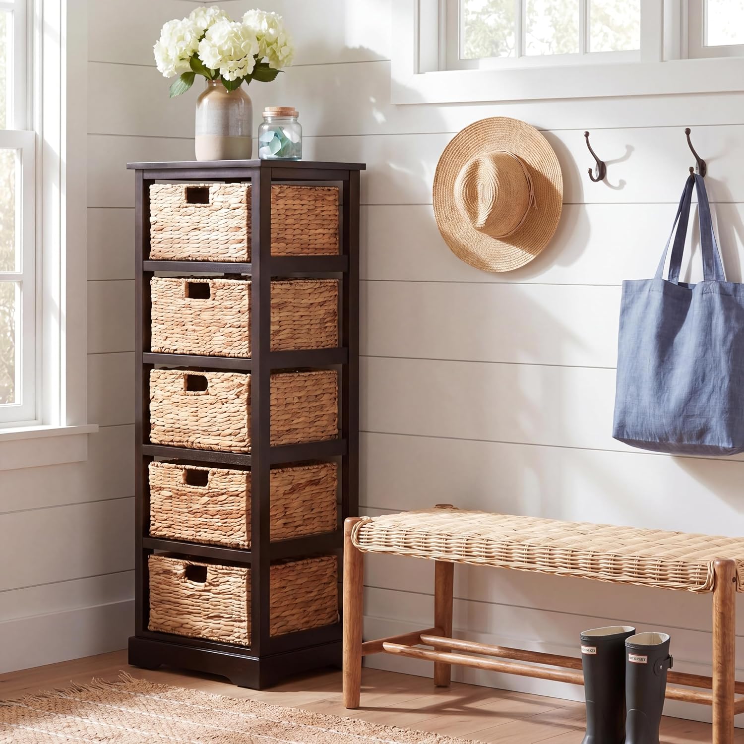 SAFAVIEH Furniture - Vedette 5-Basket Storage Tower - Dark Chocolate - Solid Wood - Coastal Basket Tower Design - Ideal for Entryway, Living Room, 17.5'W x 13.5'D x 46'H - Fully Assembled (AMH5739F)