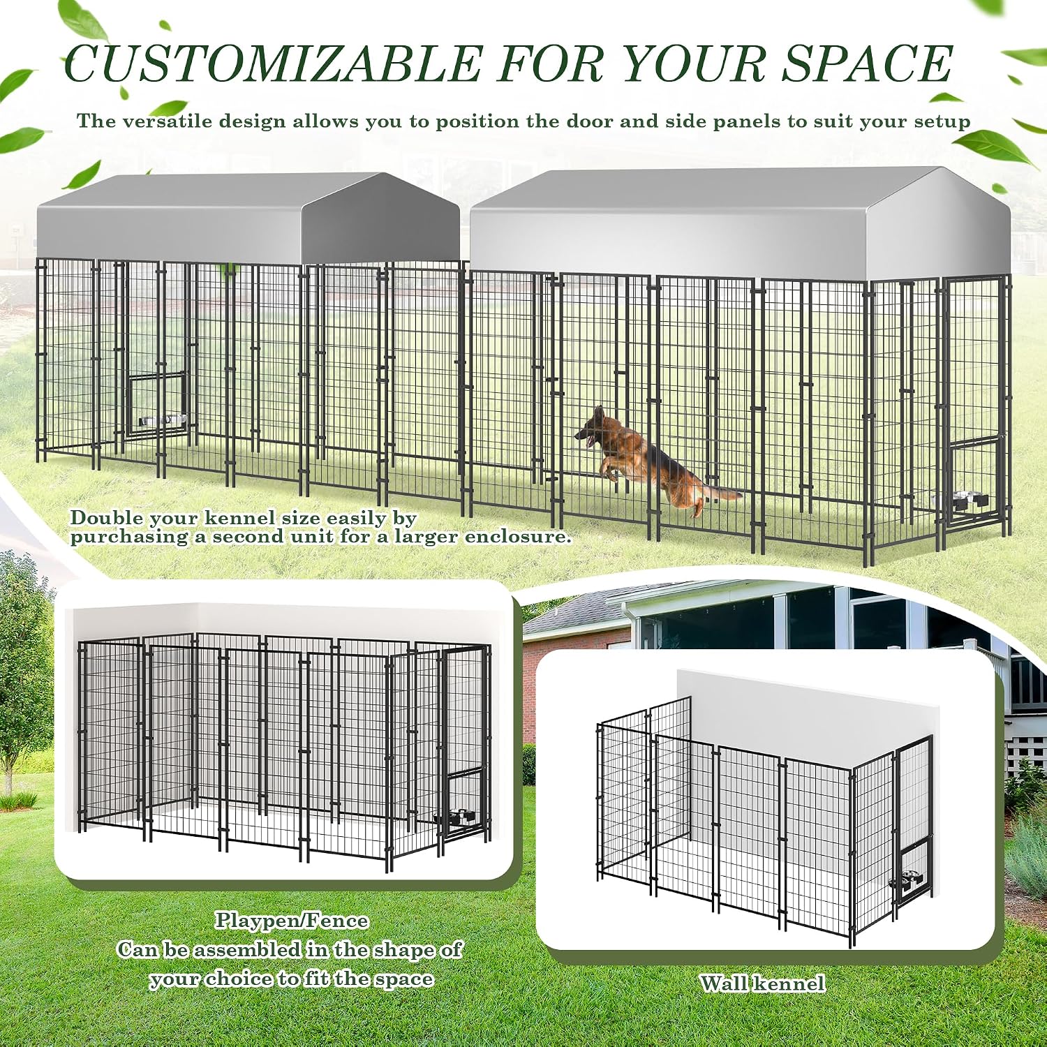 Grepatio Outside Dog Kennel for Large Dogs, 8x4x5.7 FT Outdoor Dog Kennels with Waterproof, Heavy Duty Dog Enclosure with 2 Rotating Dogs Bowls, Dog Run Playpen Fence with Secure Lock