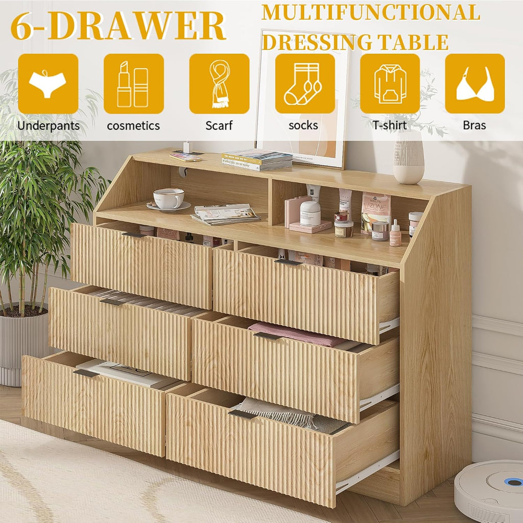 Fluted Dresser for Closet, Boho Bedroom 6 Drawer Dresser TV Stand with Charging Station, Oak Wide Chest of Drawers, Farmhouse Wood Closet Clothes Storage for Living Room, Metal Handle, 47'