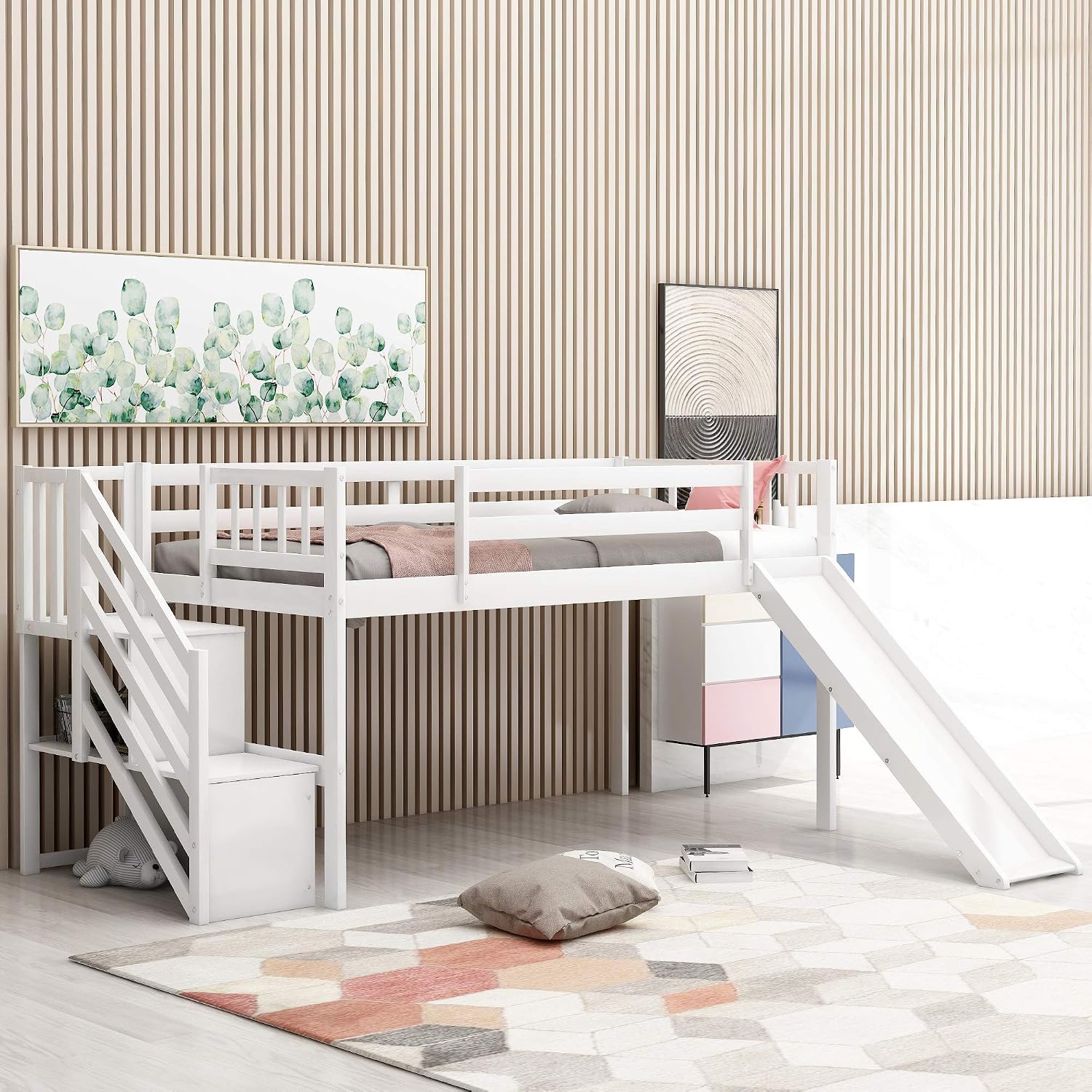 Twin Low Loft Bed with Adjustable Slide/Staircase/Storage Shelves for Kid/Boy/Girl/Teens, Full-Length Guardrails, Solid Wood, Space-Saving (White+Low Loft Bed)