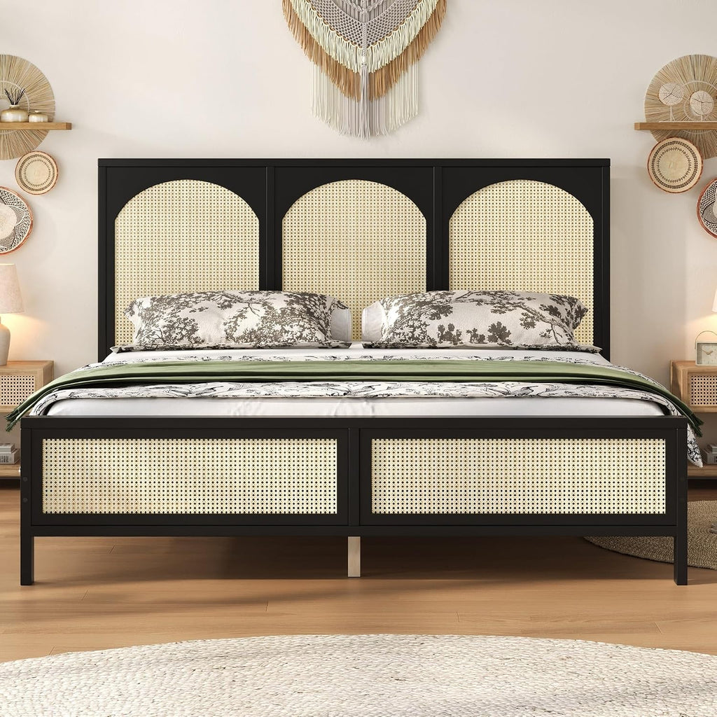 JIVOIT King Size Platform Bed with Rattan Headboard and Footboard, Wood Platform Bed Frame with Wood Slats Support, No Box Spring Needed, Easy Assembly (Black+Beige,King)
