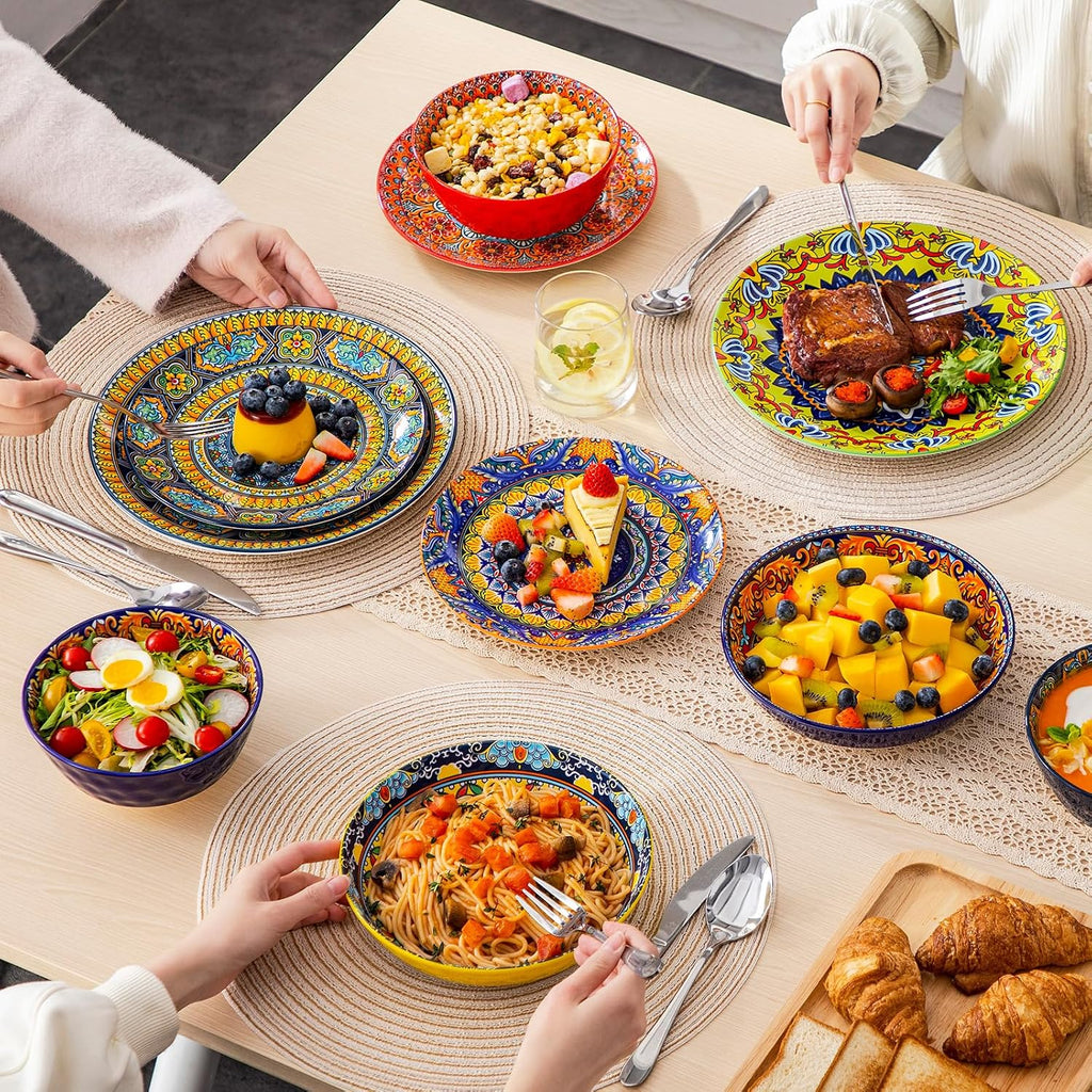 vancasso 24 Pieces Plates and Bowls Set, Bohemian Style Dinnerware Sets Service for 6, Porcelain Boho Dishes Set for Kitchen, Housewaring Gift, Dishwasher and Microwave Safe, Series KRVI