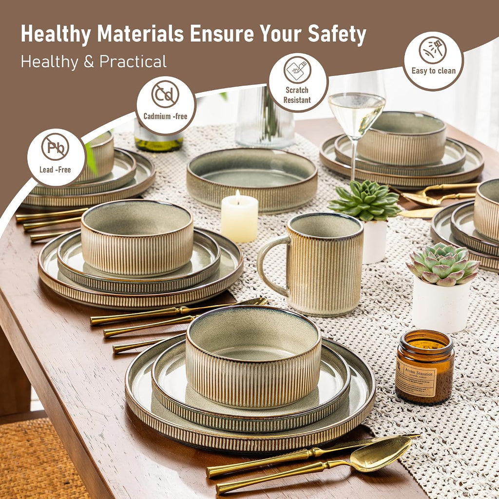 GBHOME 24-Piece Stoneware Dinnerware Set for 8 – Ribbed Ceramic Plates and Bowls, Scratch-Resistant, Microwave & Dishwasher Safe, Reactive Glaze, Reactive Glaze Green Wheat