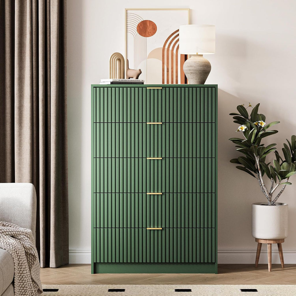 MAISONARIA 5 Drawer Dresser for Bedroom, Tall Dresser Chest of Drawers with Gold Handles, 32 Inch Wide Nightstand with for Bedroom, Living Rooms, Offices, and Entryways, Green