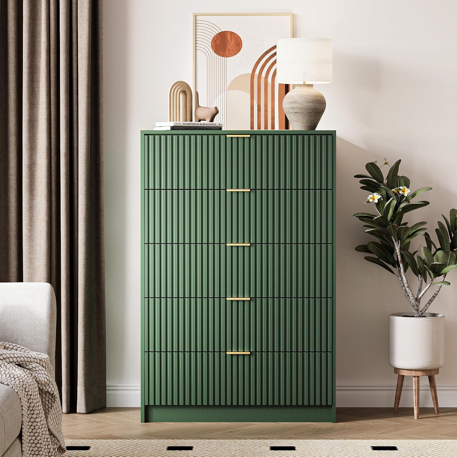 MAISONARIA 5 Drawer Dresser for Bedroom, Tall Dresser Chest of Drawers with Gold Handles, 32 Inch Wide Nightstand with for Bedroom, Living Rooms, Offices, and Entryways, Green