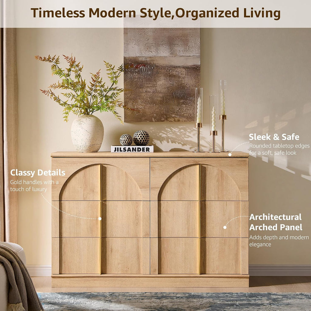 ACCOHOHO Arched Dresser for Bedroom with 6 Drawers, 47.3' Wide Modern Chest of Drawers with Rounded Edge & Metal Handles, Wood Storage Closet Dressers TV Stand for Living Room, Hallway, Oak