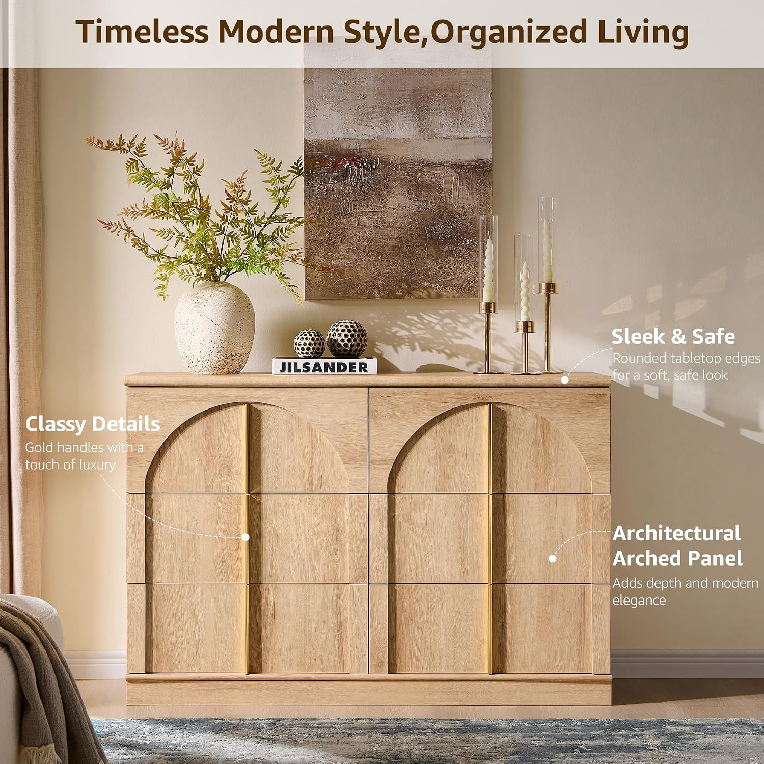 ACCOHOHO Arched Dresser for Bedroom with 6 Drawers, 47.3' Wide Modern Chest of Drawers with Rounded Edge & Metal Handles, Wood Storage Closet Dressers TV Stand for Living Room, Hallway, Oak